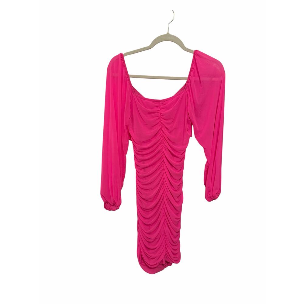 BTFBM Women's Small Bright Pink Sexy Ruched Long Sleeve Bodycon Mini Dress - Picture 5 of 8
